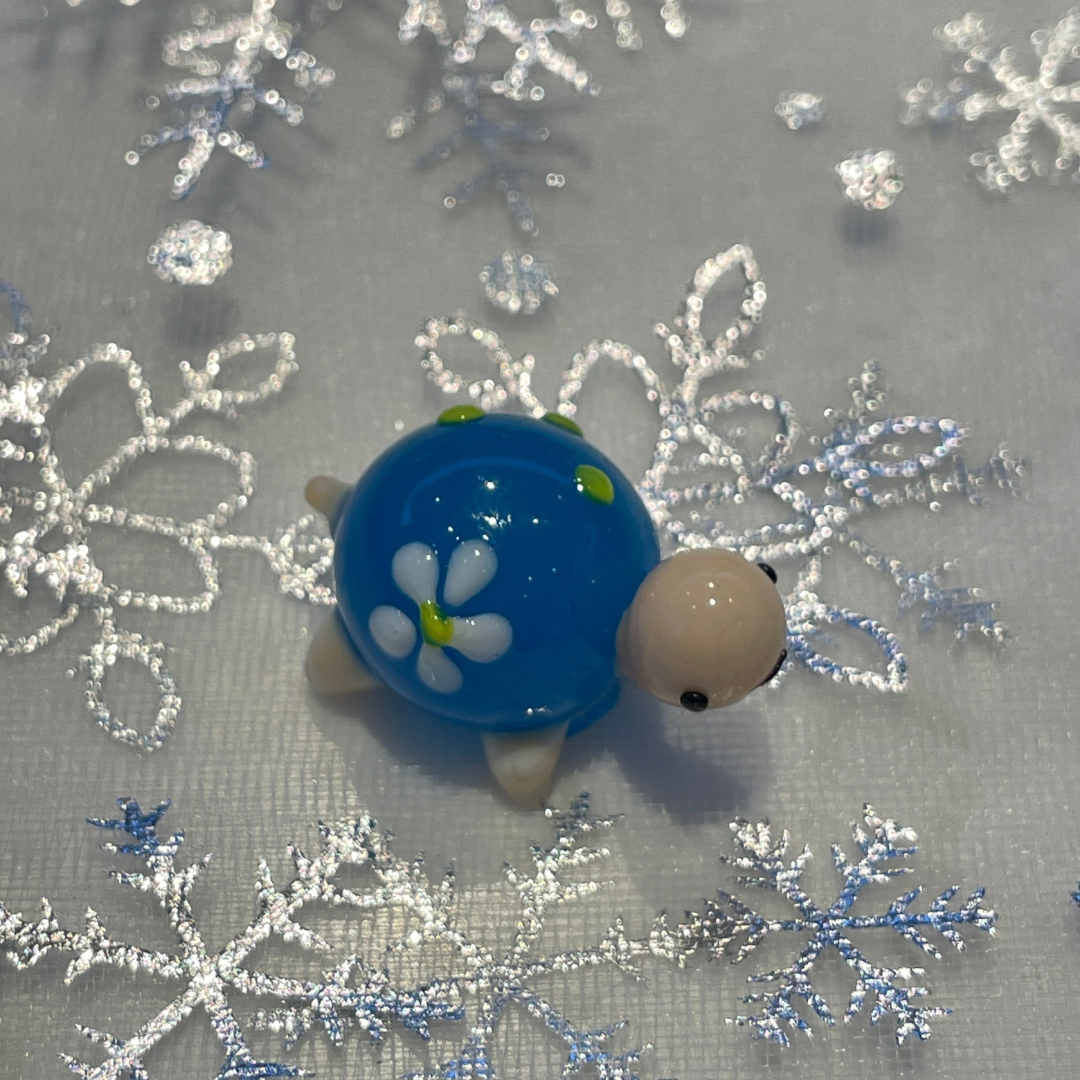 Handmade Lampwork Glass Figurine - Blue Turtle w/Flowers