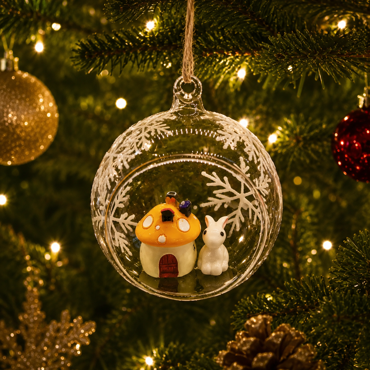 Glass Christmas Ornament - Bunny & Mushroom House