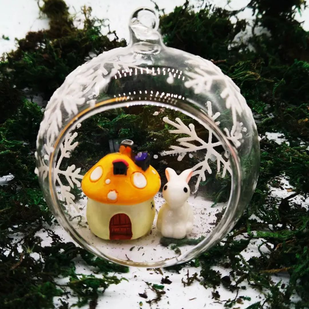 Glass Christmas Ornament - Bunny & Mushroom House