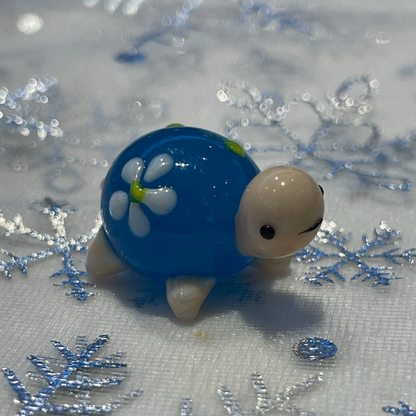 Handmade Lampwork Glass Figurine - Blue Turtle w/Flowers