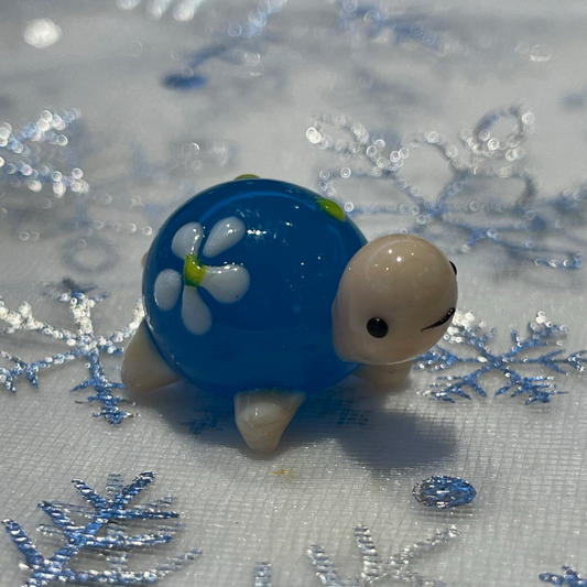 Handmade Lampwork Glass Figurine - Blue Turtle w/Flowers