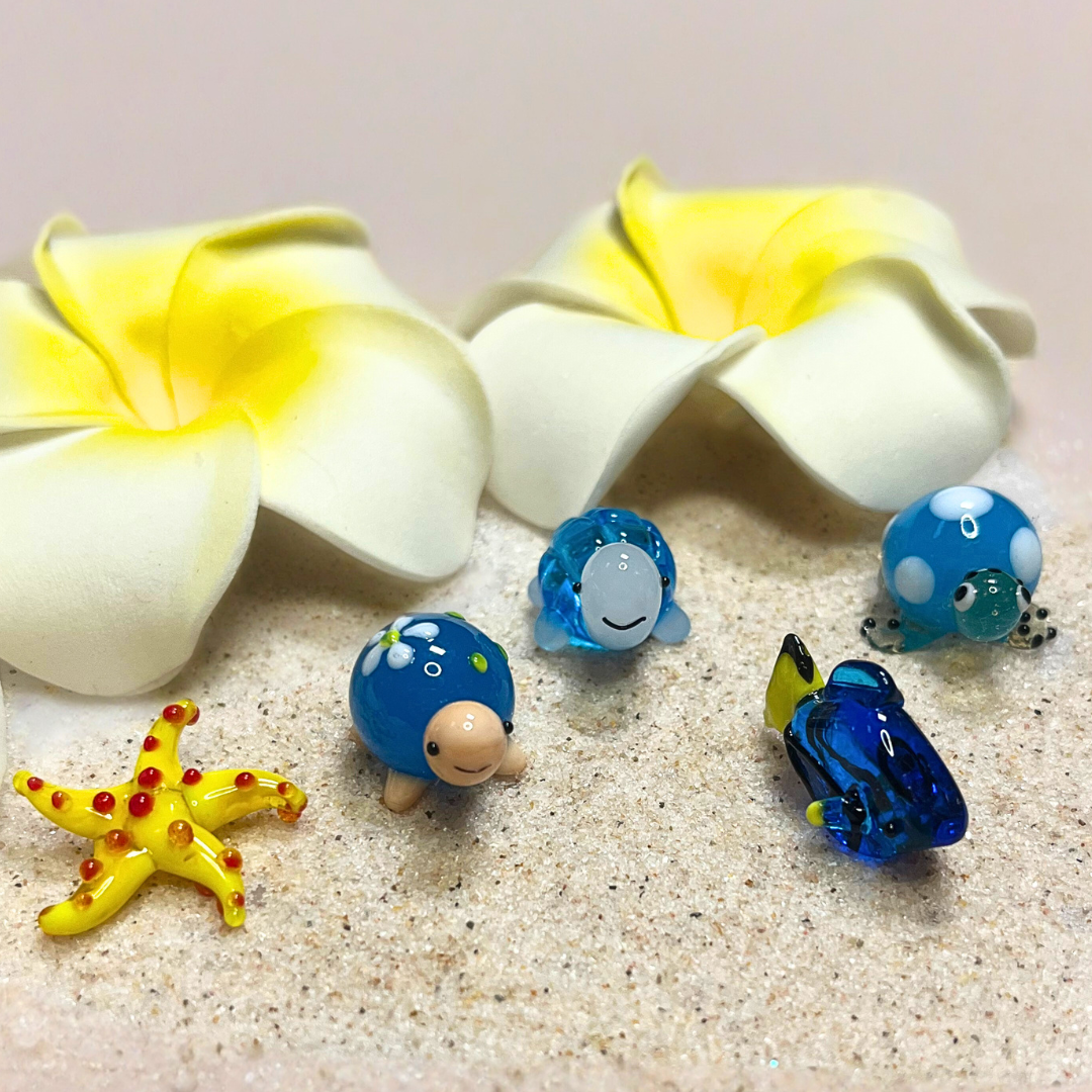 Handmade Lampwork Glass Figurine - Blue Turtle w/Flowers