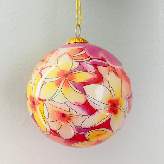 Hand-Painted Hawaiian Pink Yellow Plumeria Ornament