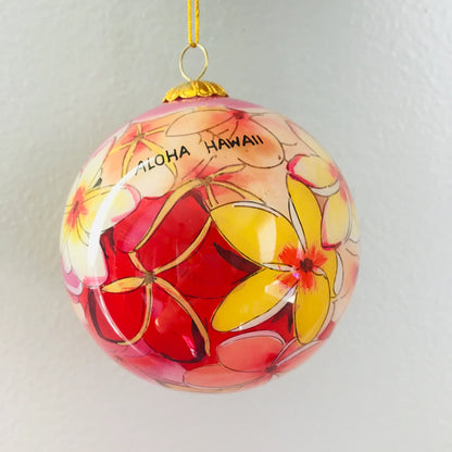 Hand-Painted Hawaiian Pink Yellow Plumeria Ornament