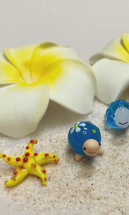 Handmade Lampwork Glass Figurine - Blue Turtle w/Flowers
